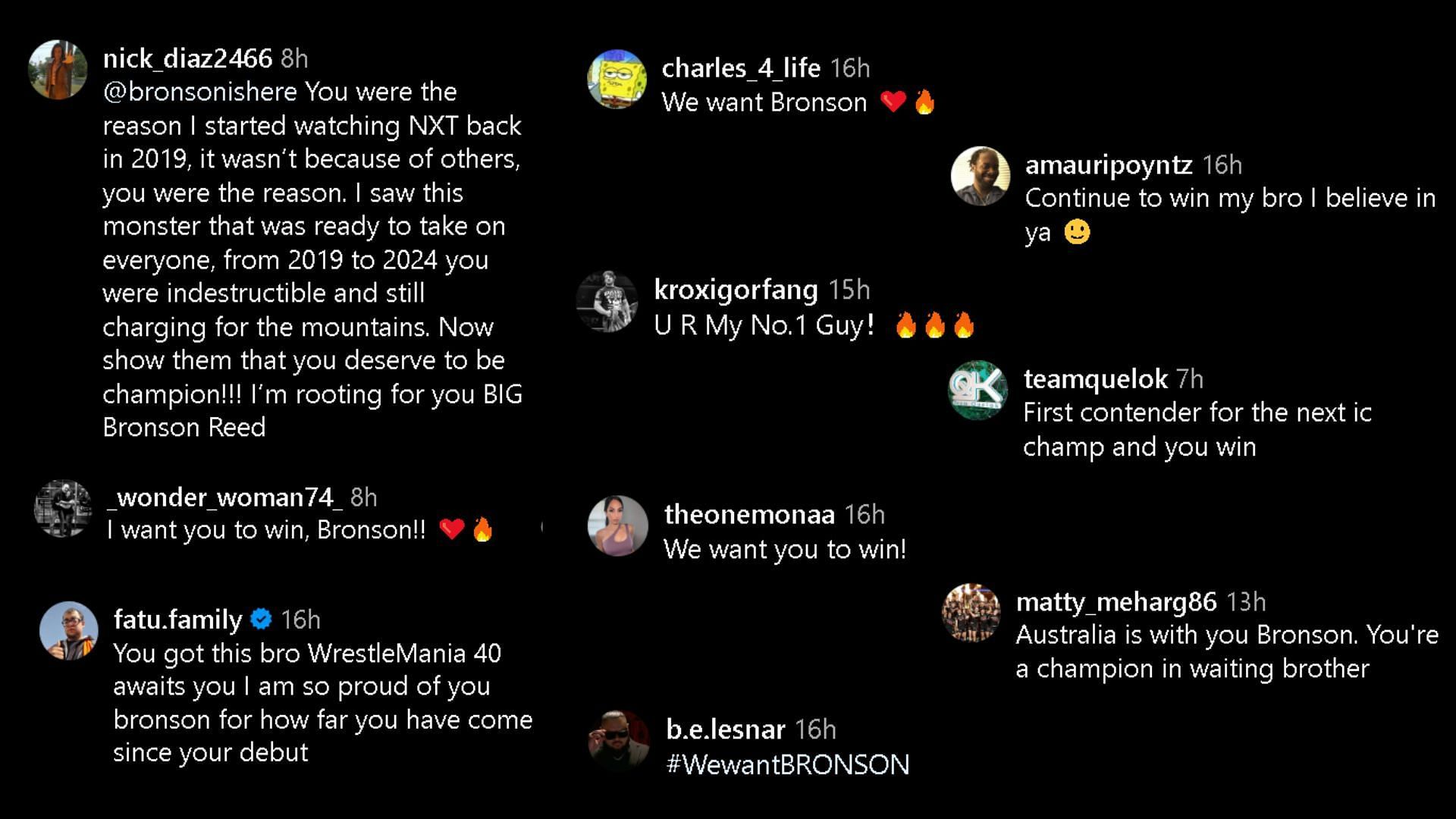 A screengrab of comments on Bronson Reed's Instagram post.
